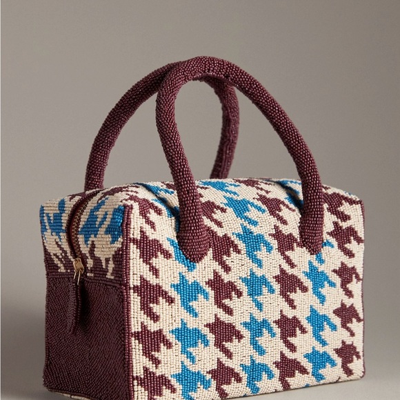 Anthropologie Handbags - Anthropologie Burgundy and Blue Houndstooth beaded bag